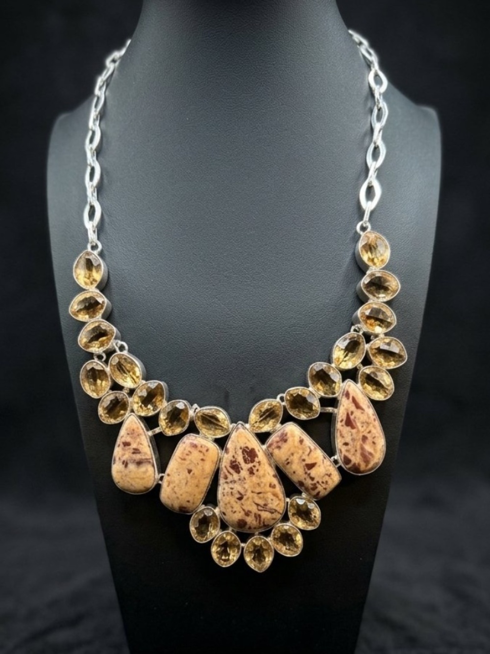 Bohemian Bib-style Statement Necklace Brecciated Jasper Citrine Silver